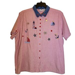 Bobbie Brooks Woman Plus size 26-28W Nautical red white stripe Embroidered Shirt